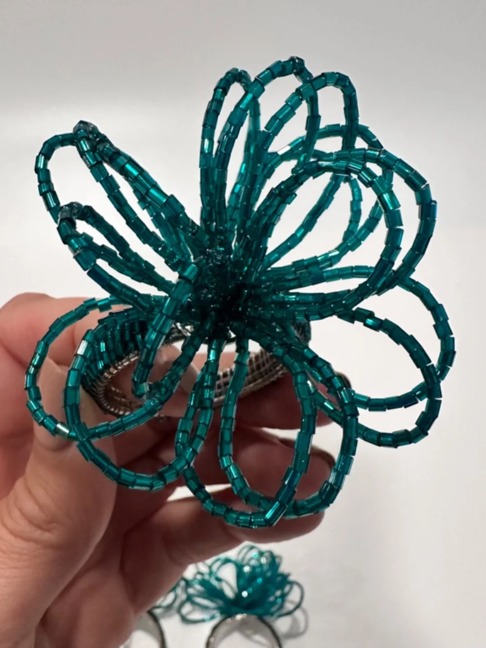 NEW Crate & Barrel Beaded Flower Napkin Ring Teal Set of 5
